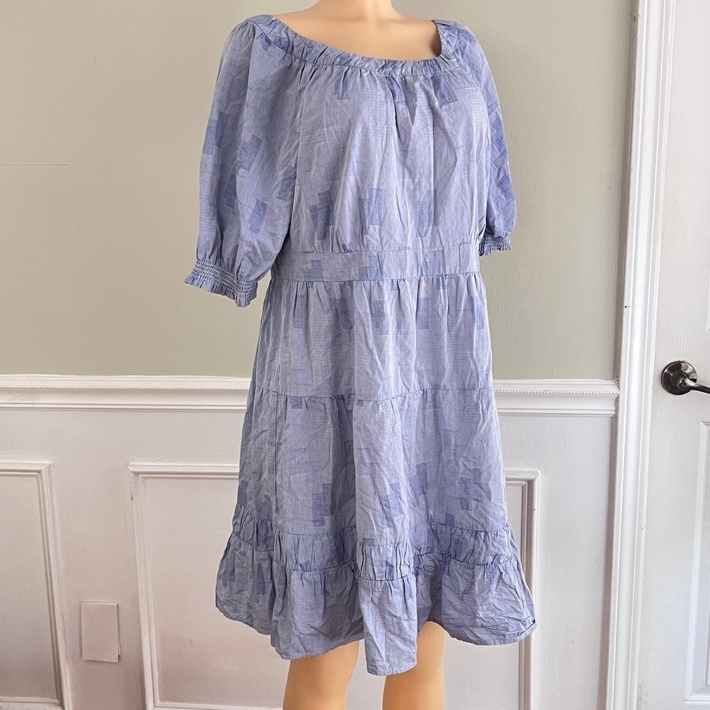 DKNY Tiered Midi Dress Womens 14 Cotton Puff Sleeve‎ Blue Geometric Cottagecore - Picture 3 of 11